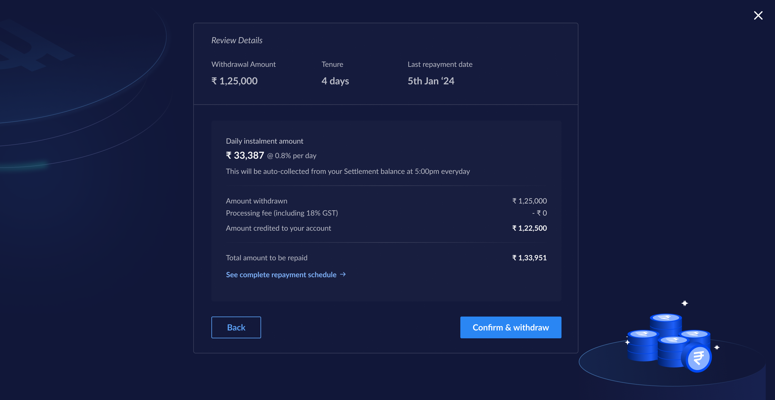 Review Cash Advance Withdrawal Details on RazorpayX Dashboard